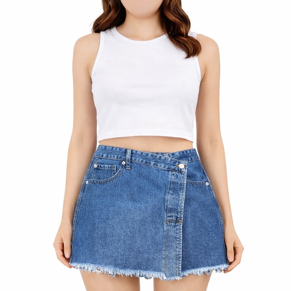 JustUSA Skirt Womens SP Blue Denim Asymmetrical Button Raw Hem Y2K Boho Cowgirl